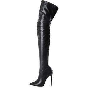Linmuyoujia Womens Size 9.5 Black Faux Leather 5" Heel Thigh High Back Zip Boots